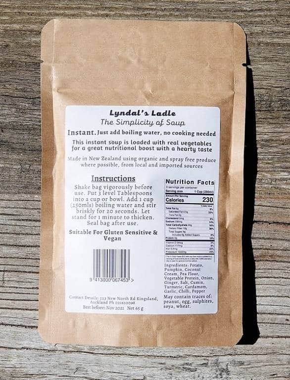 Lyndal’s Ladle Vegan Spiced Pumpkin Super Soup - Tramping Food and Accessories sold by Venture Outdoors NZ