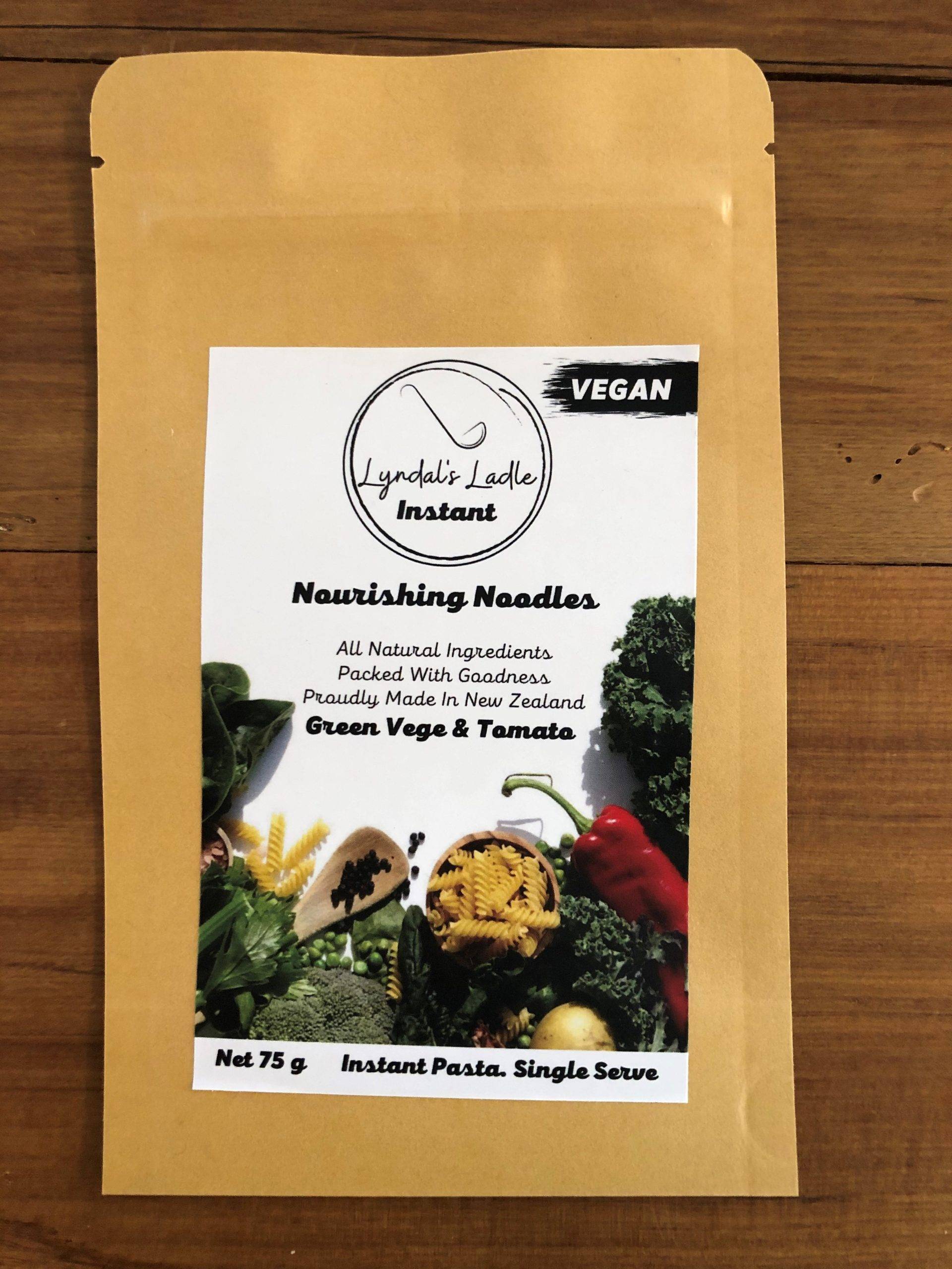 Lyndal’s Ladle Vegan Green Vege & Tomato Nourishing Noodles - Tramping Food and Accessories sold by Venture Outdoors NZ